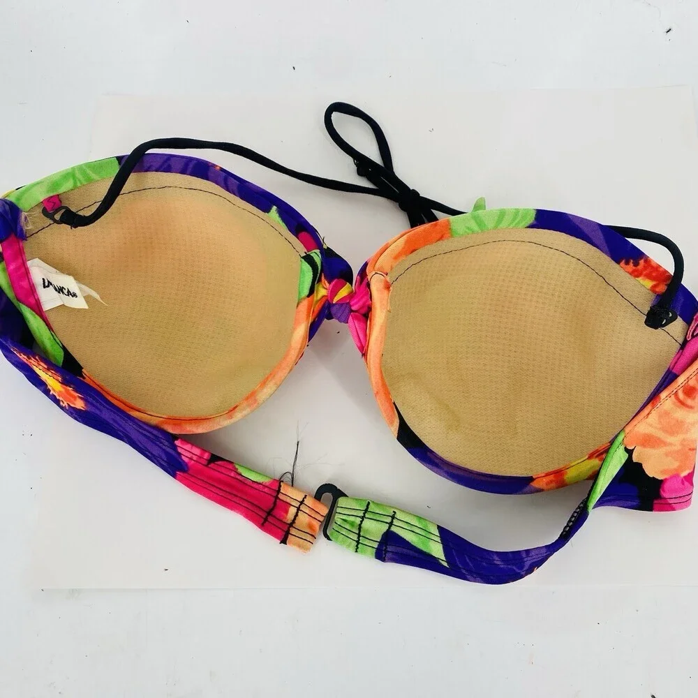 Vintage La Blanca 80's Moulded Cup Swim Top Made in USA Colorful Floral Knot 14